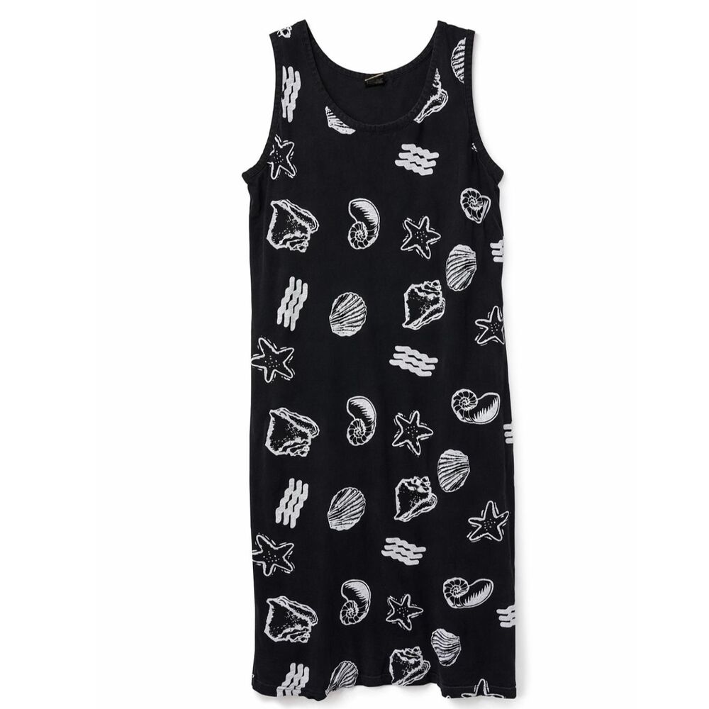 INGEAR Seashell Print Dress L Black White Sleeveless Coastal Beachy Goth Resort‎